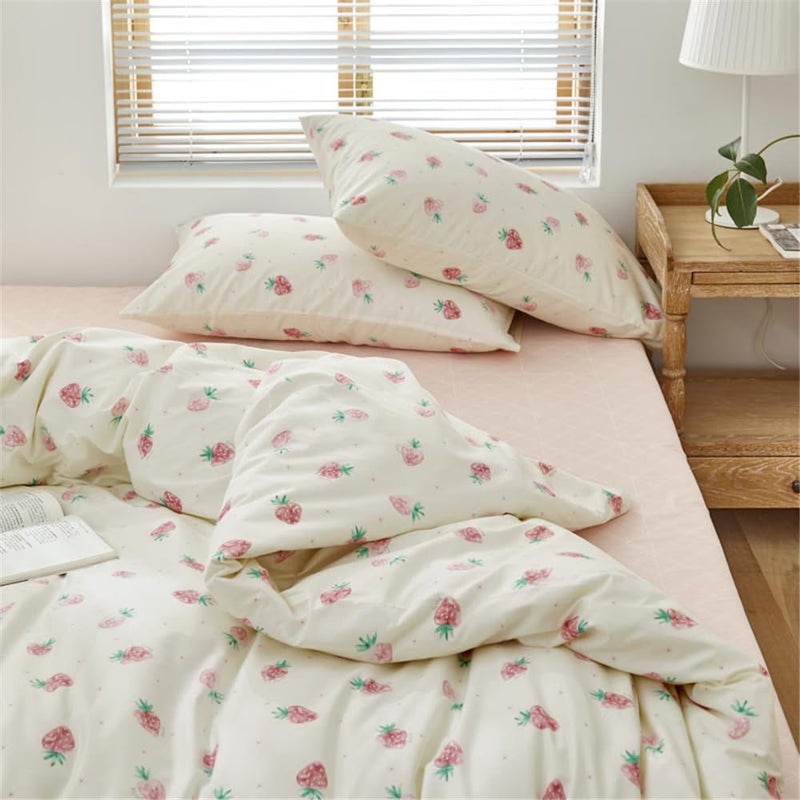 DREAMINGO Cute Strawberry Duvet Cover Twin Kids Girls Bedding Set Kawaii Bedroom Decor Cotton Quilt Cover with Zipper Lightweight 3 Piece Bed Set with 2 Pillow Cases, Cream White - Image 5